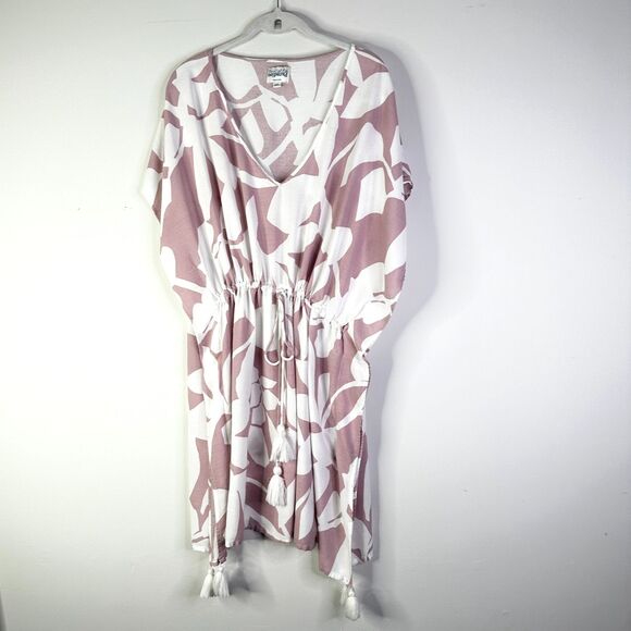 Poolside Paradiso Coverup Women M L Mauve Pink White Mini Kaftan Boho Cottage - Picture 1 of 9